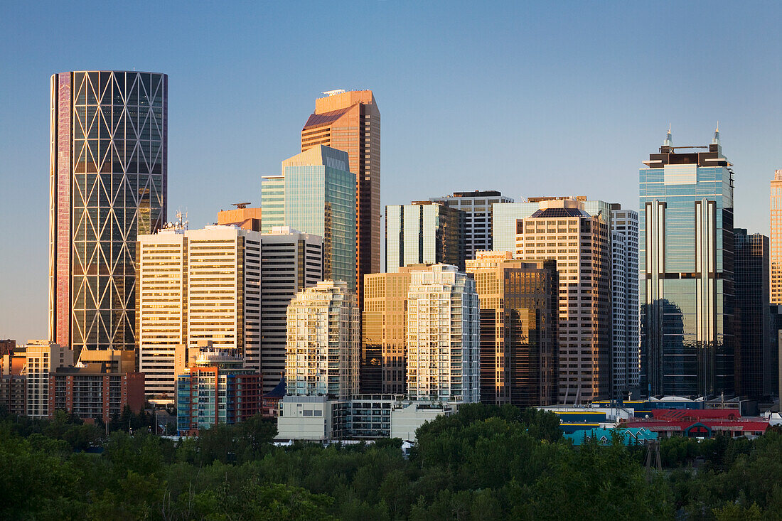 Early Morning City Skyline Of Calgary With Blue Sky; Calgary Alberta Canada