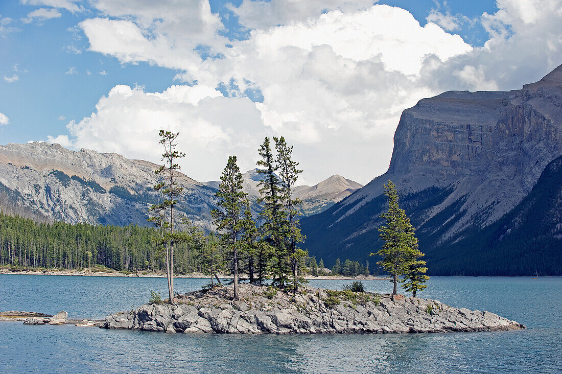 Bäume wachsen auf einer kleinen Felseninsel in einem Bergsee; Banff Alberta Kanada