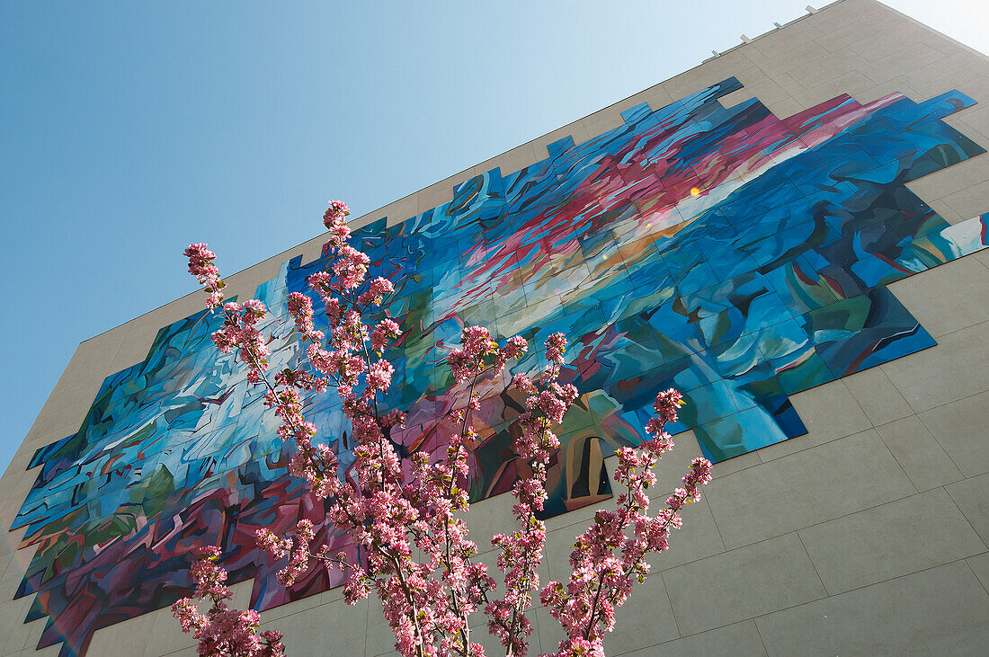 Buntes abstraktes Wandgemälde an der Seite eines Gebäudes mit einem Kirschblütenbaum; Edmonton Alberta Kanada