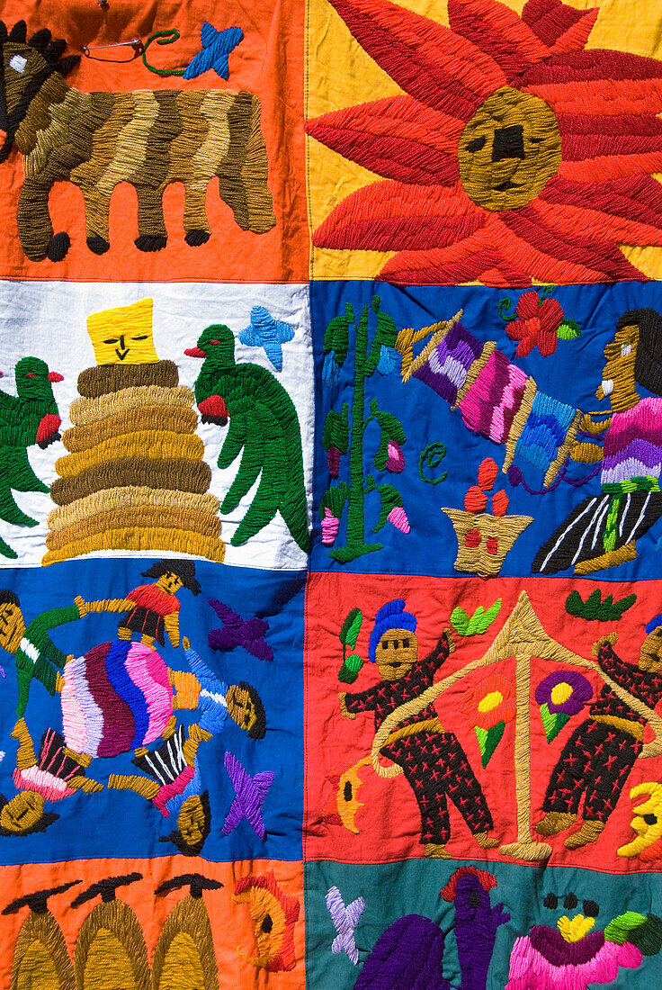 Guatemala, Lake Atitlan, Panajachel, hand made fabrics for sale in the market