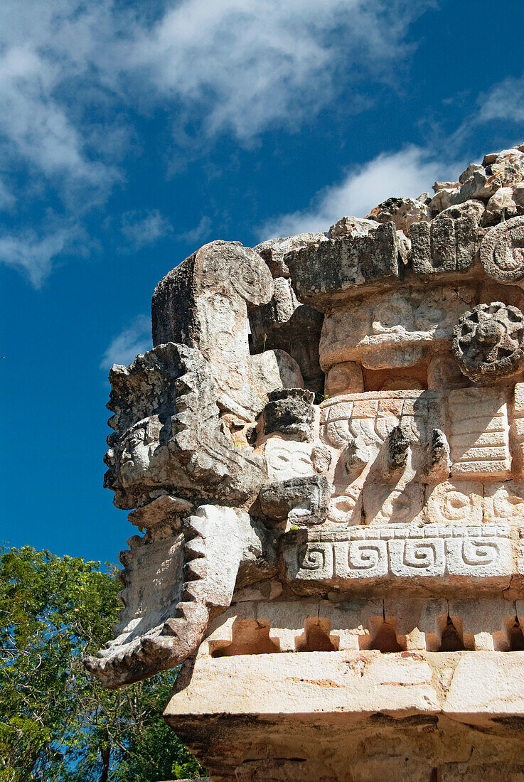 Mexico, Yucatan, Labna, El Paclacio (the Palace), the well known stone carved serpents mouth with a human head peering out between the jaws