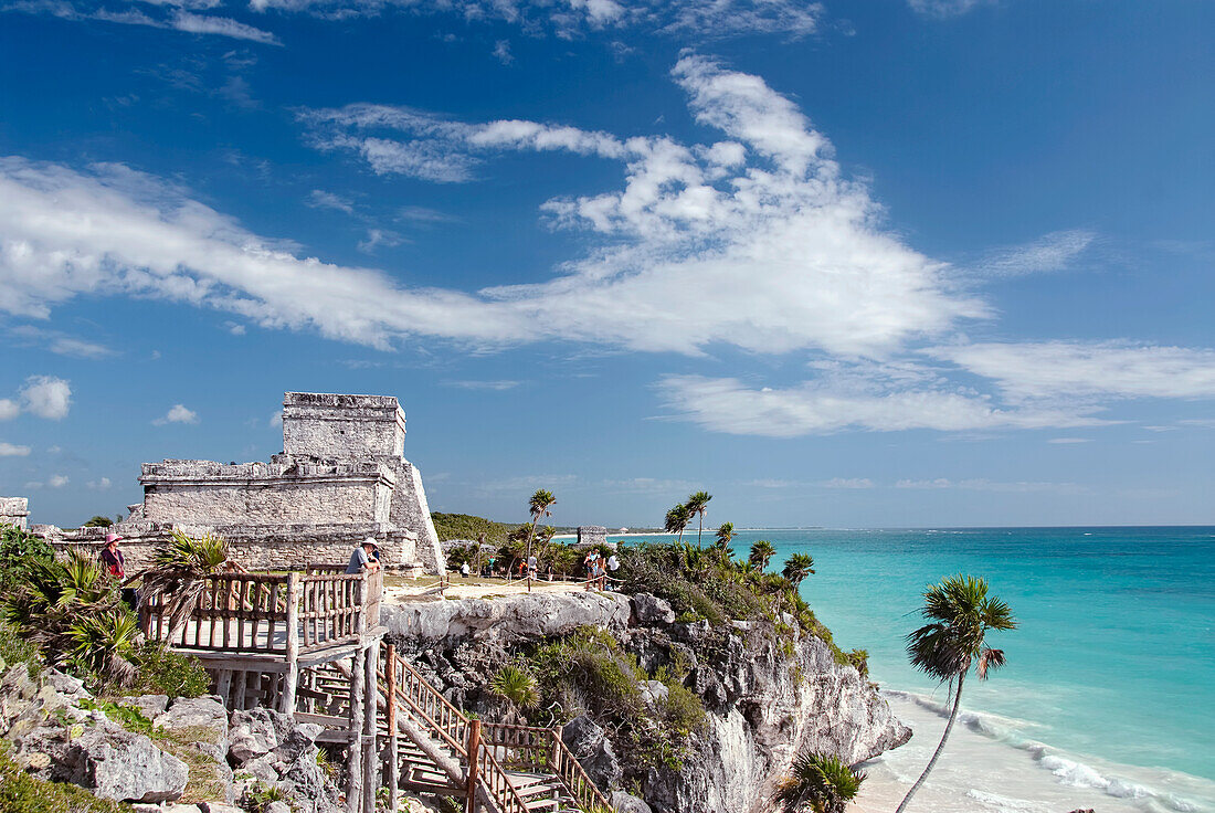 Mexico, Quintana Roo, Tulum, the Mayan ruins of Tulum, El Castillo (the Castle), stairway leading to the beach