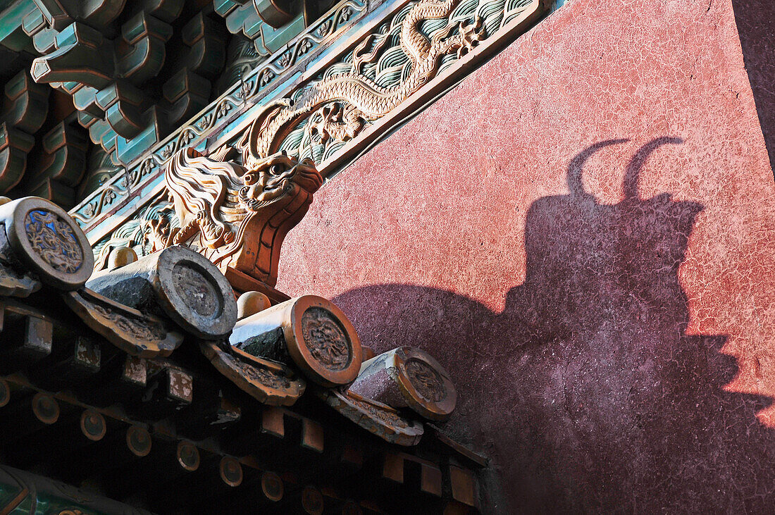 A Sculpture And It's Shadow On An Ornate Roofline; Beijing China