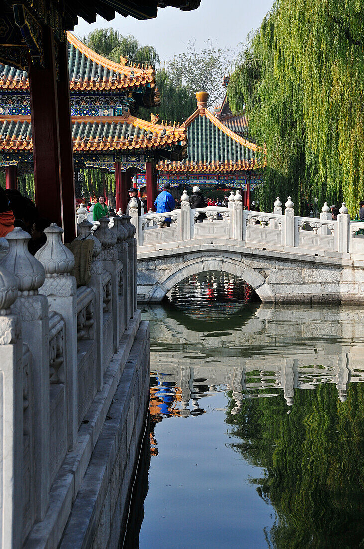 A Pedestrian Bridge Over A Pond; Beijing China