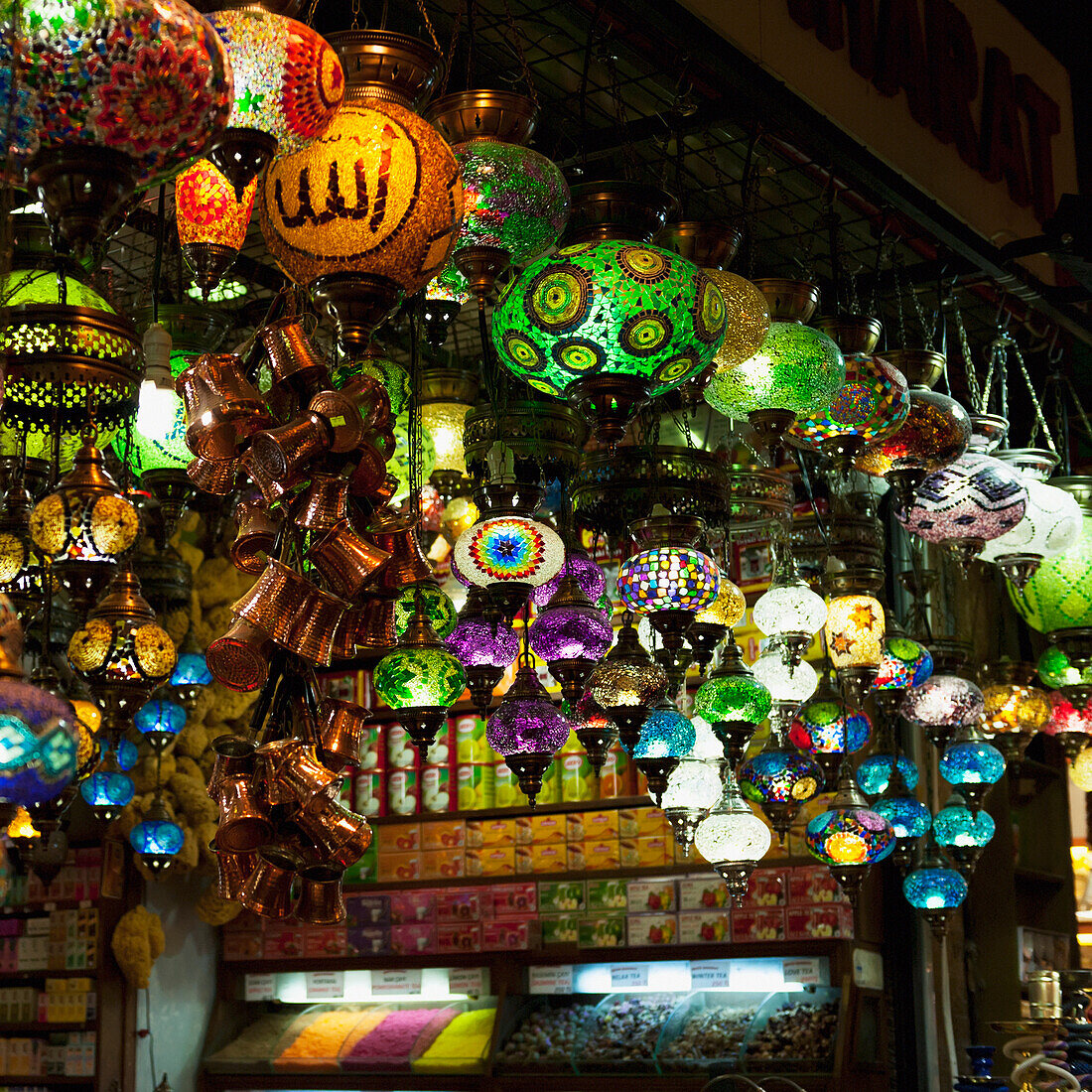 Colourful Lanterns Illuminated And Hanging From A Ceiling; Istanbul Turkey