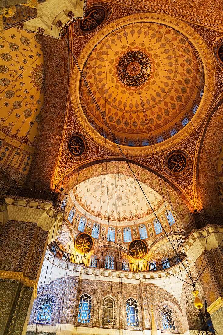 Ornate Ceilings Inside Mosque Of The Valide Sultan; Istanbul Turkey