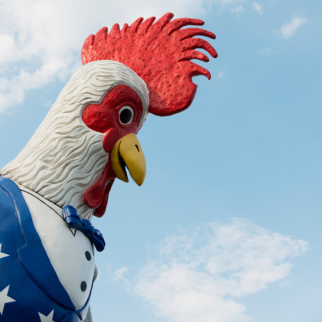 Low Angle View Of A Colourful Sculpture Of A Rooster; Branson Missouri United States Of America