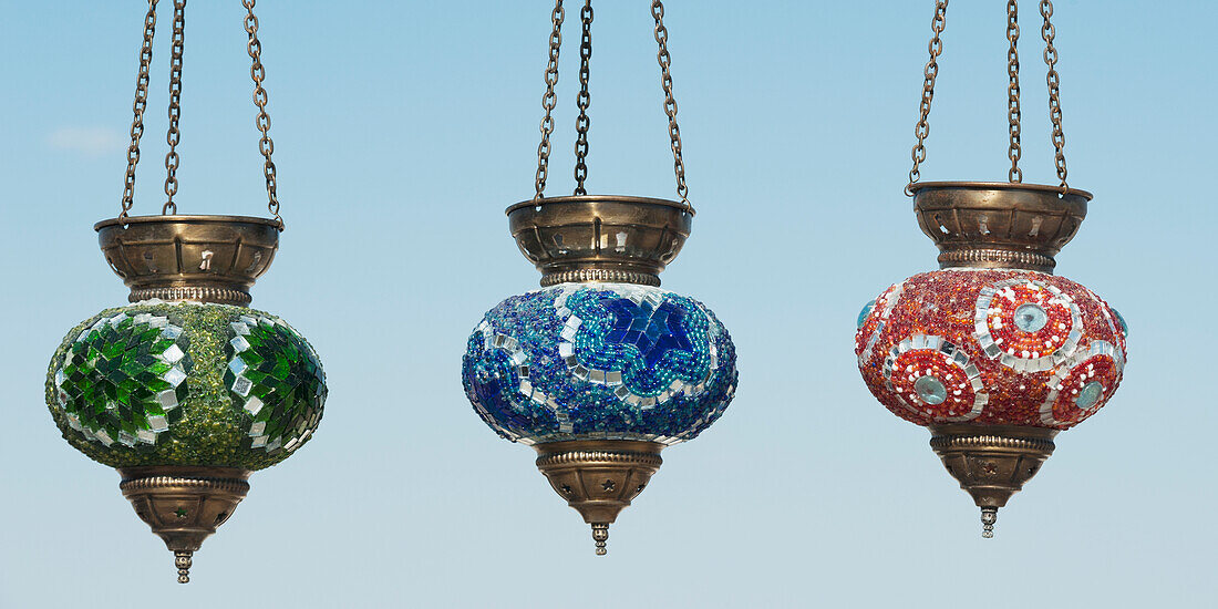 Colourful Lanterns Hanging On Display Against A Blue Sky; Nevsehir Turkey