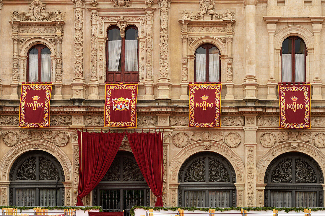 The Ayuntamiento (Town Hall) Of Seville Displaying The Cities Motto - No8Do (The Figure 8 Represents A Skein Of Yarn The Motto Means - Seville Has Not Abandoned Me); Seville Spain
