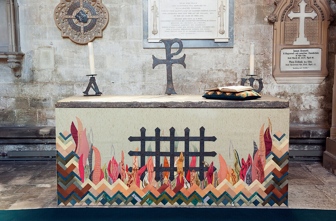 Flames Depicted At An Altar In Salisbury Cathedral; Salisbury England