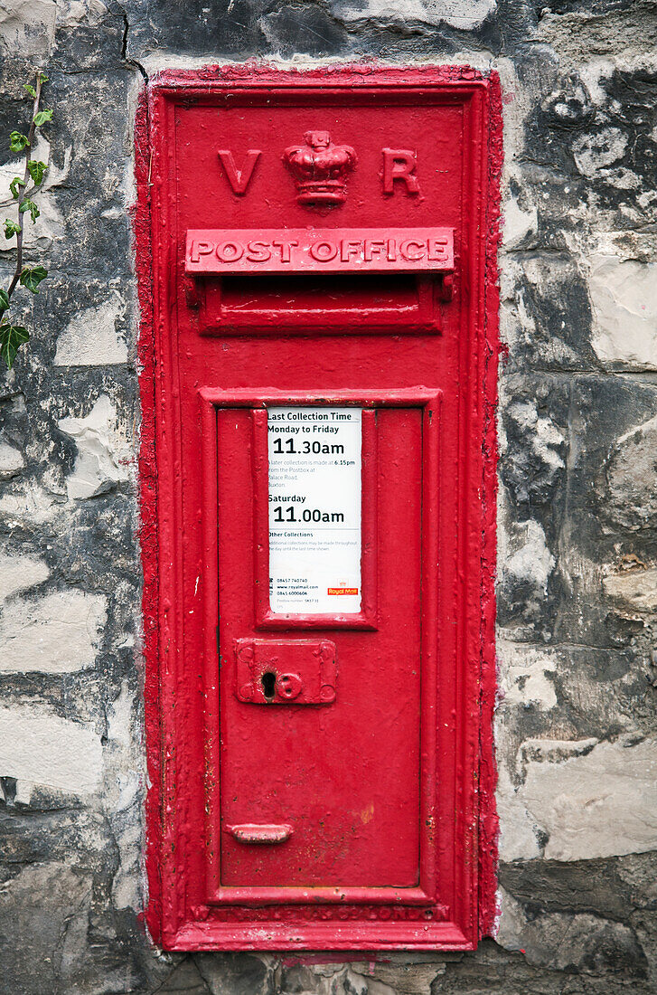 Red post box; Dale, Derbyshire, England, UK