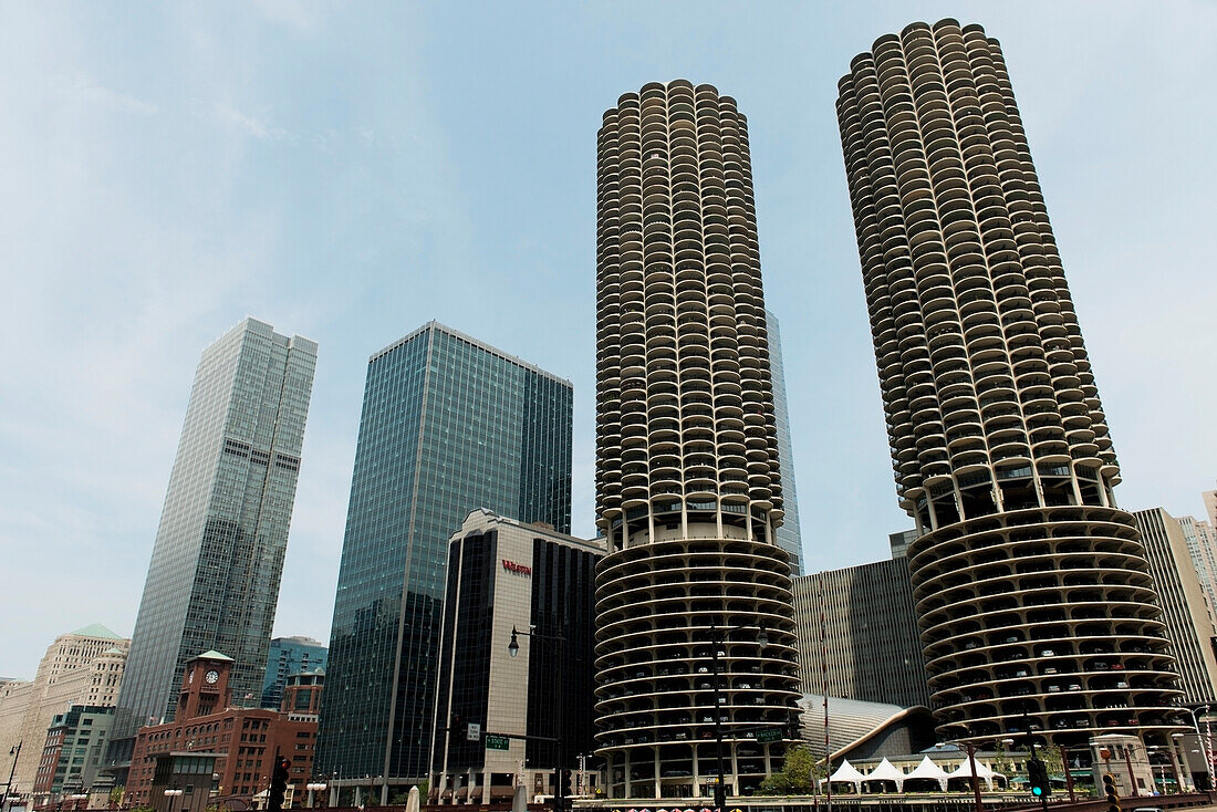 Low Angle View Of Two Round Skyscrapers; Chicago Illinois United States Of America