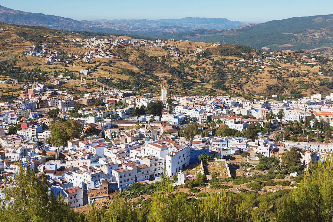 High Angle View Of The City Of Chefchaouen; Chefchaouen Marokko