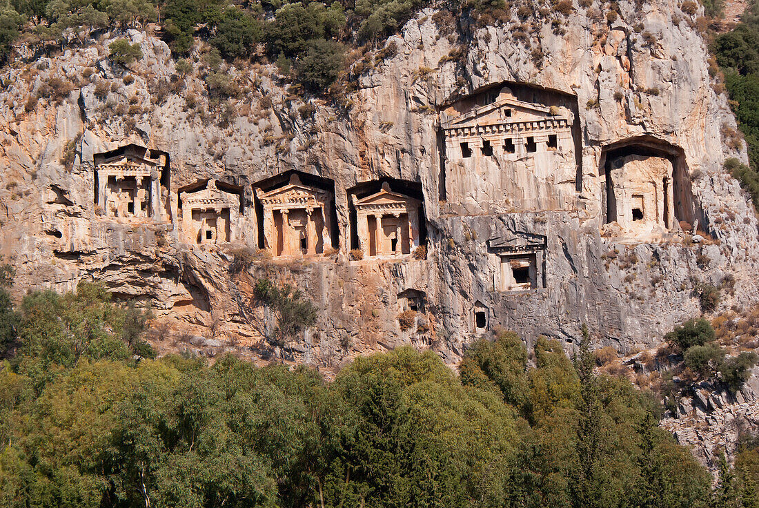 Lycian style Kings Tombs on cliff walls above Dalyan River; Dalyan, Turkey