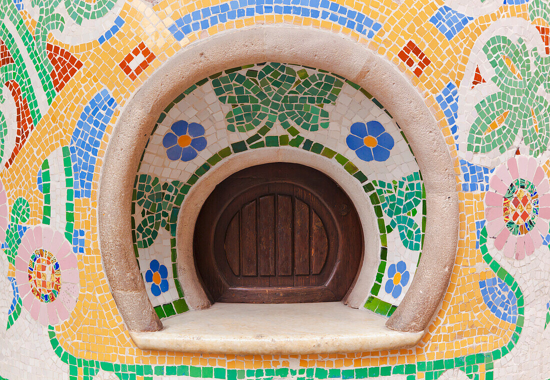 Ticket box with mosaic of colorful ceramic tile; Barcelona, Catalonia, Spain
