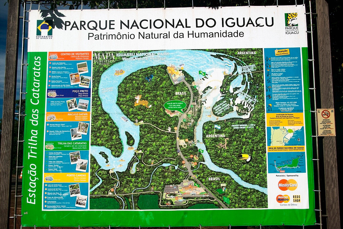 Sign For Iguacu National Parkh, Close-up of map; Curitiba, Paranaj, Brazil