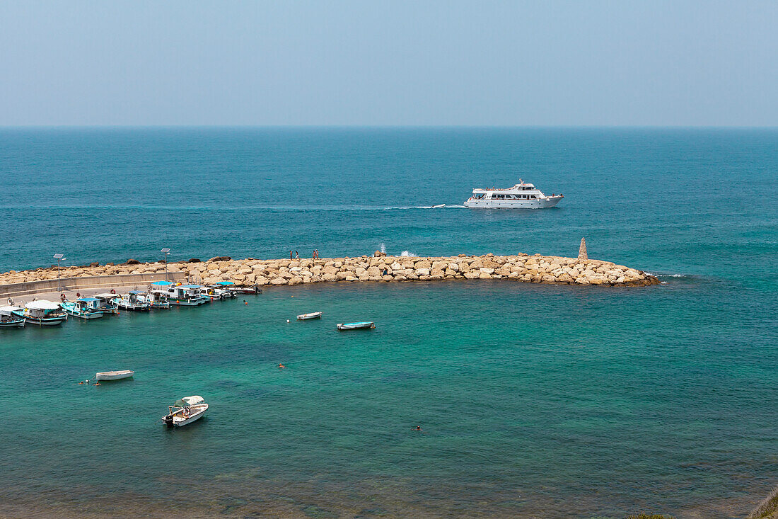 Cyprus, Agios Georgios, Boats in harbor and sailing yacht