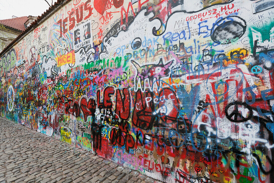 Czech Republic, Colorful graffiti spray painted on wall; Prague