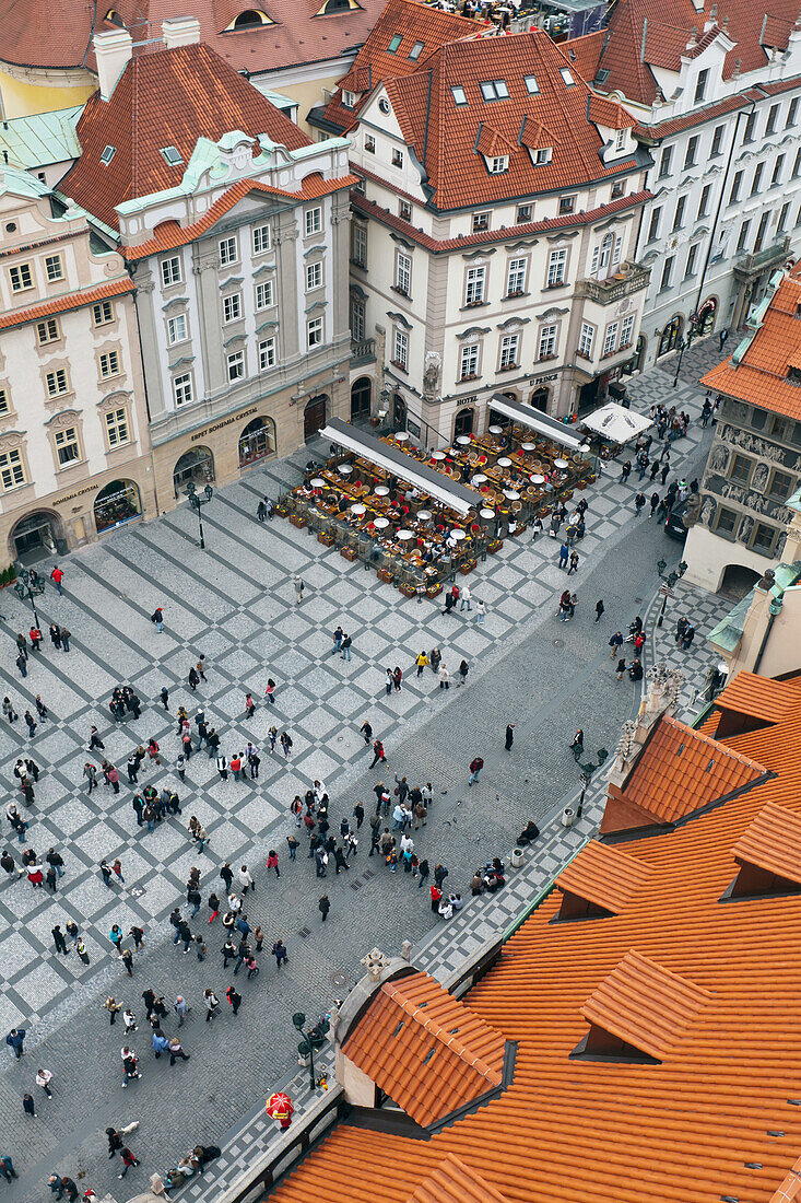 Czech Republic, High angle view of pedestrians in town square; Prague