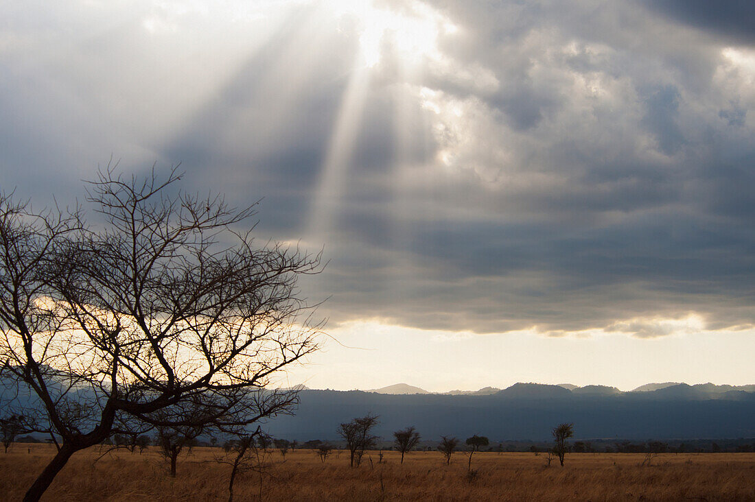 Kenia, Maasai Mara, Sonnenlicht bricht durch die Wolken über dem Maasai Mara Nationalreservat