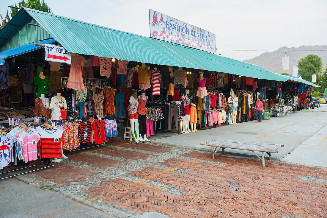 Thailand, Fashion centre with mannequins and clothing on display; Pai