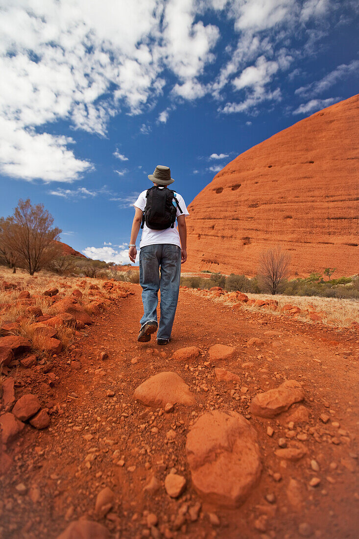 Ein Wanderer auf den Spuren von Khata Tjuta; Ayer's Rock, Northern Territory, Australien