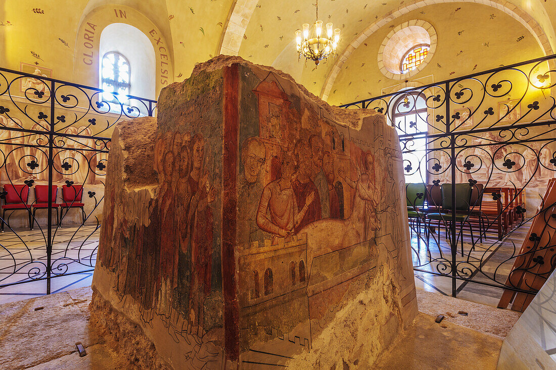 Israel, Palm Sunday Church on East side of Mount of Olives is in Bethphage. This is where Jesus mounted unbroken donkey colt and started His triumphal entry down Mount of Olives and into Jerusalem. There is beautiful ceiling painting in church; Bethphage