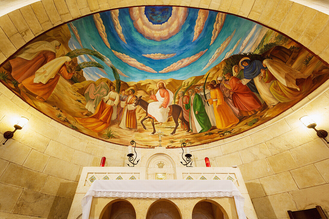 Israel, Palm Sunday Church on East side of Mount of Olives is in Bethphage. This is where Jesus mounted unbroken donkey colt and started His triumphal entry down Mount of Olives and into Jerusalem. There is beautiful ceiling painting in church; Bethphage
