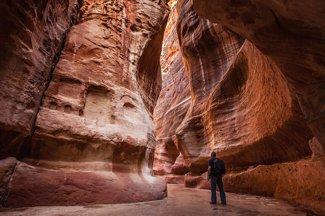 Jordan, Man looking at rock formations; Petra