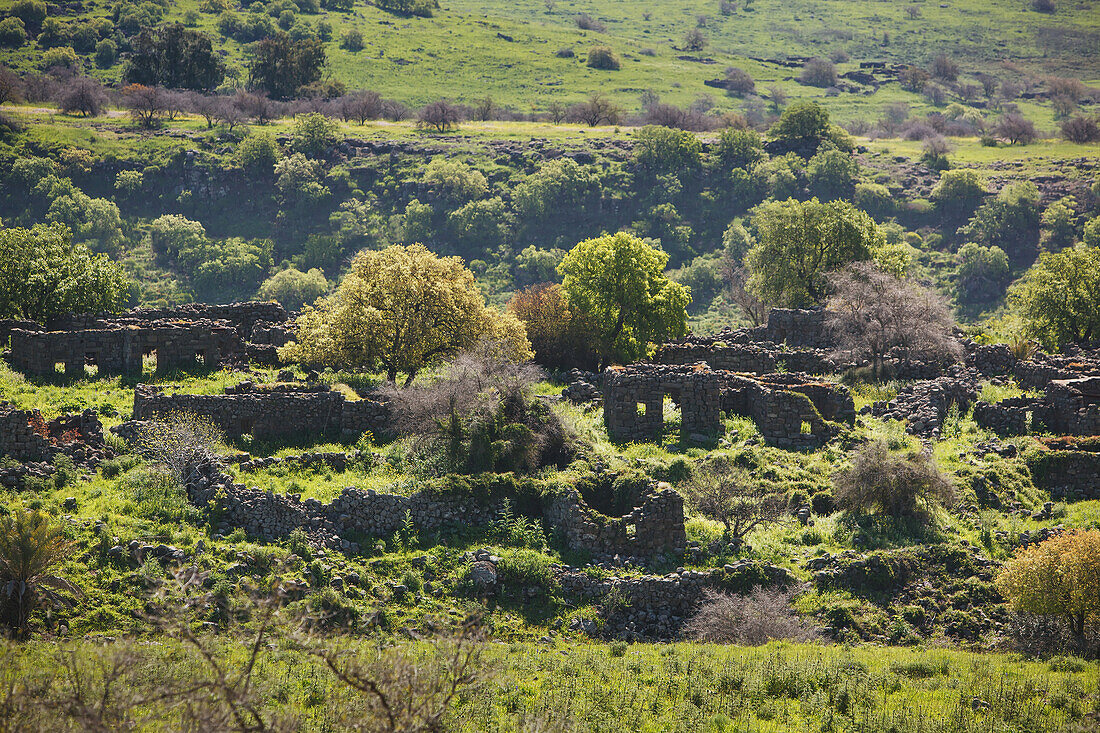 it used area as military stronghold. Only ruins are left behind of this military base; Israel, Syria controlled Golan Heights, Old ruins behind military base. From 1948-67