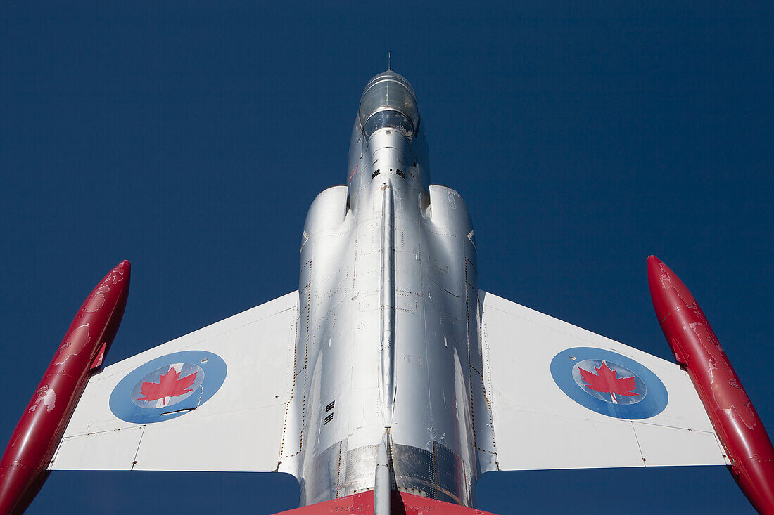 Low Angle Close Up Of A Cf-104 Starfighter Plane With Deep Blue Sky; Mount Hope, Ontario, Canada