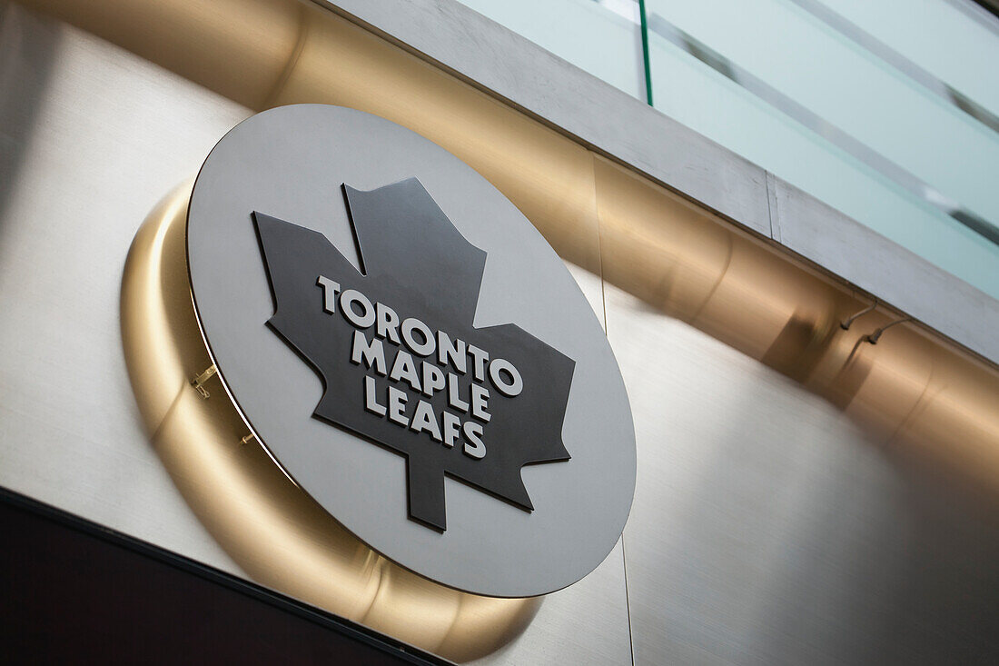 Close Up Of Toronto Maple Leafs Logo With Lights; Toronto, Ontario, Canada
