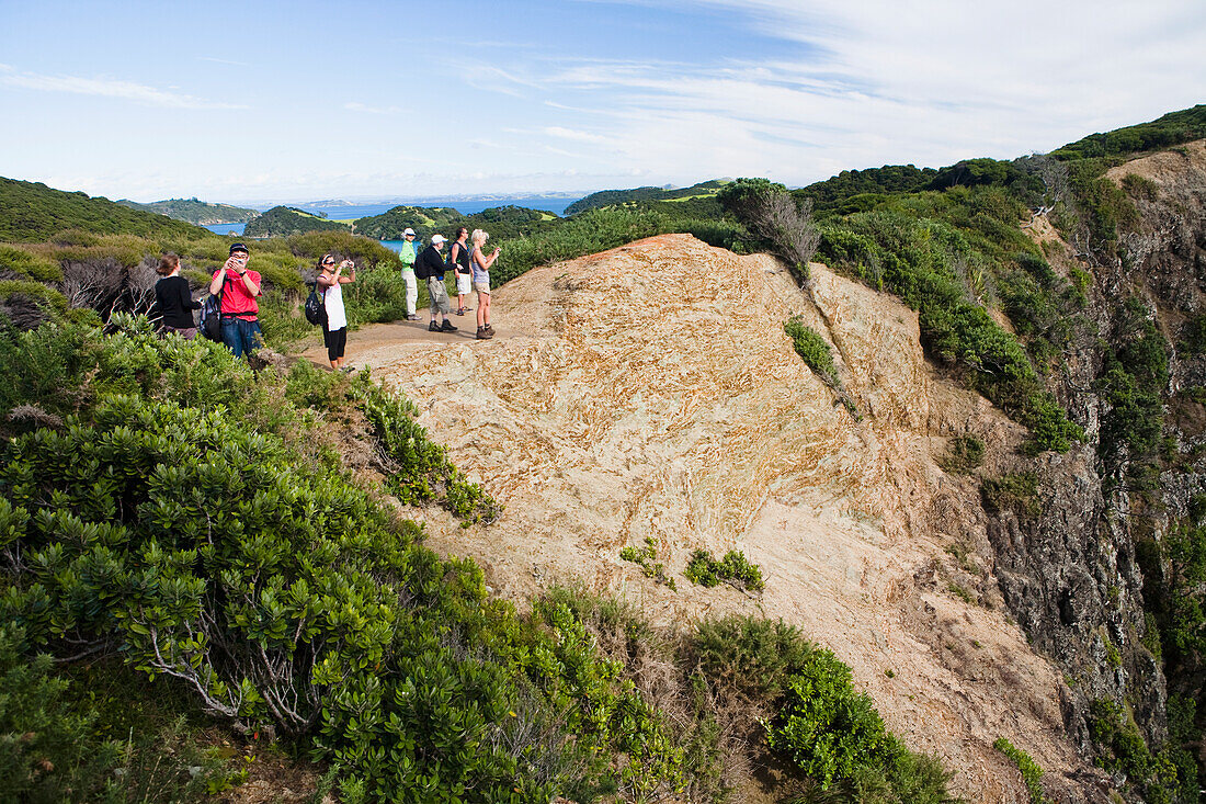 Eine Gruppe von Touristen fotografiert von einem Bergrücken mit Blick auf eine Insel in der Bay Of Islands; Urupukapuka Island, Neuseeland