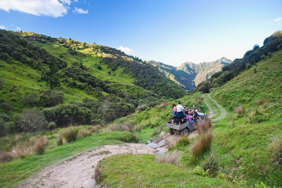 Travelers Explore The Grounds Of The Blue Duck Lodge On A Buggy Tour, Whanganui National Park; Whakahoro, New Zealand