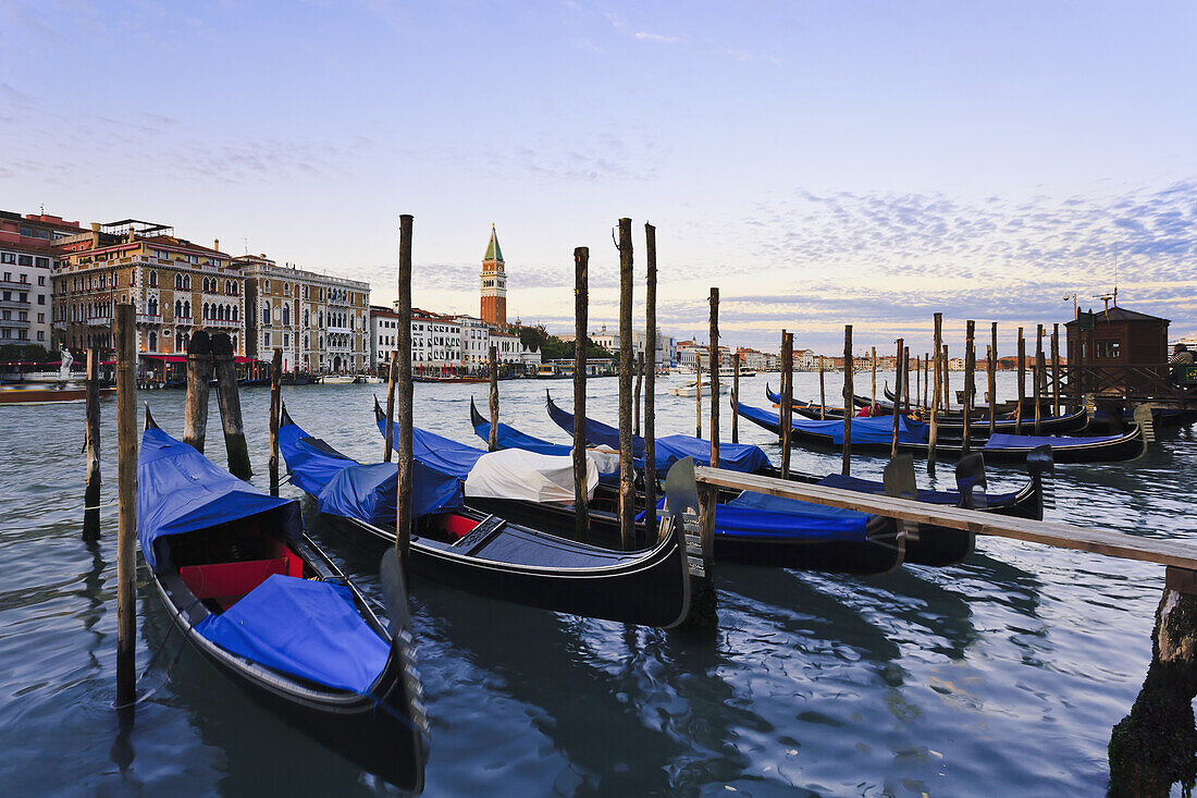 Gondeln beim Anlegen im Wasser bei Sonnenaufgang; Venedig, Italien