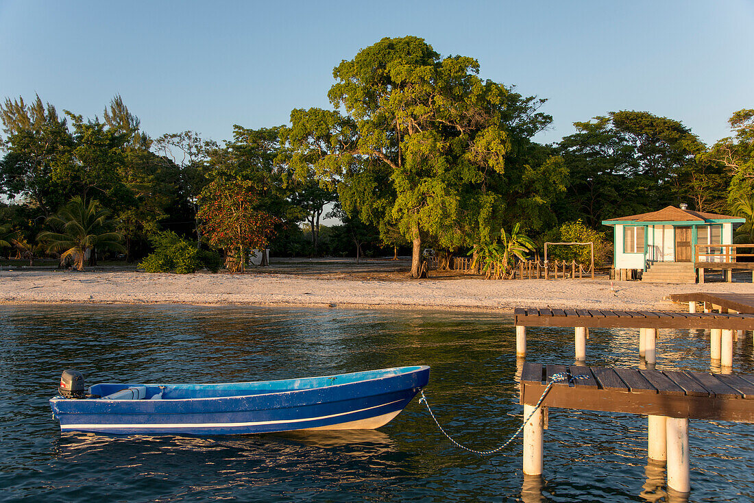 Ein Motorboot, das an ein hölzernes Dock vor der Küste einer Insel gebunden ist; Bay Islands, Honduras