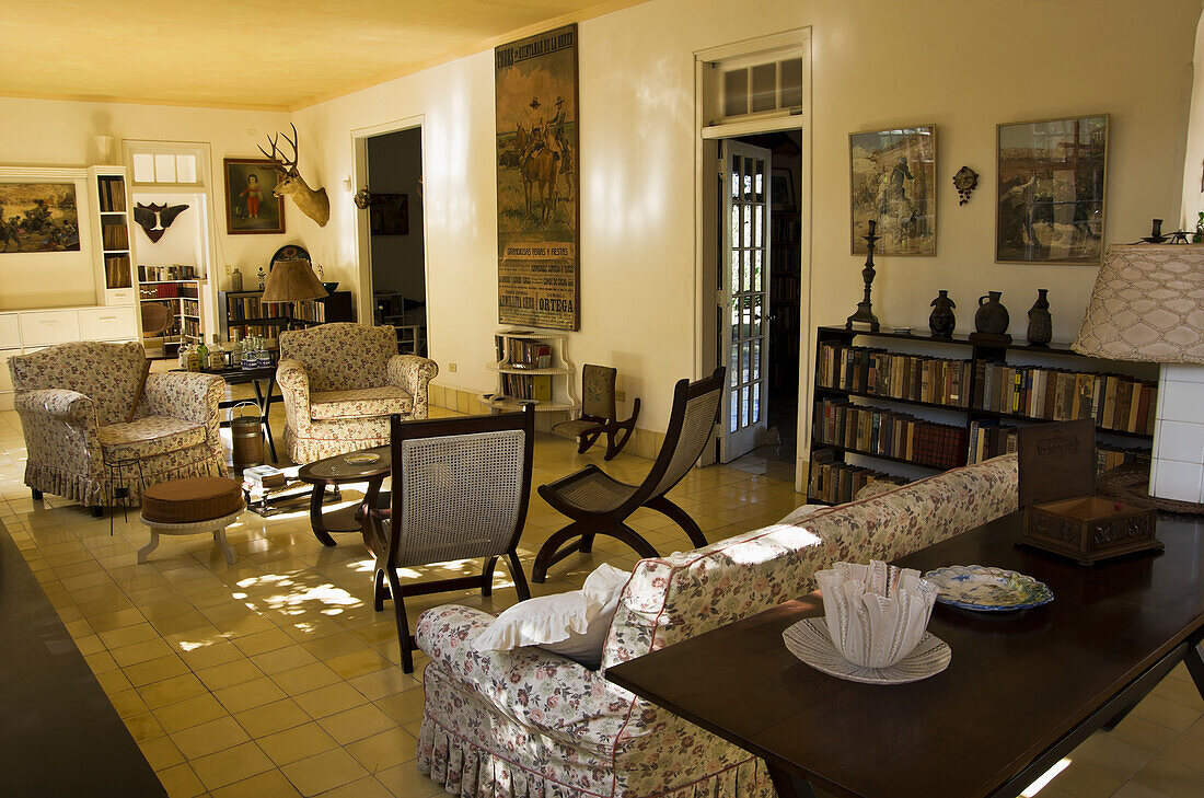Hemmingway's House, Looking Into Living Room With Furniture, Books And Mounted Mule Deer Head; Alamar, Havana, Artemisa, Cuba