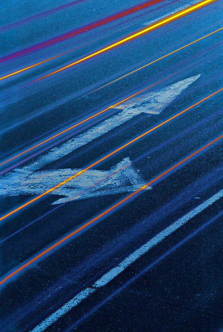 Directional Signs on Road, Tail Light Trails, Transport Abstract