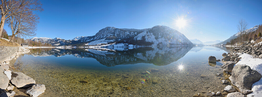 Landscape of Grundlsee Lake on Sunny Day in Winter, Liezen District, Styria, Austria