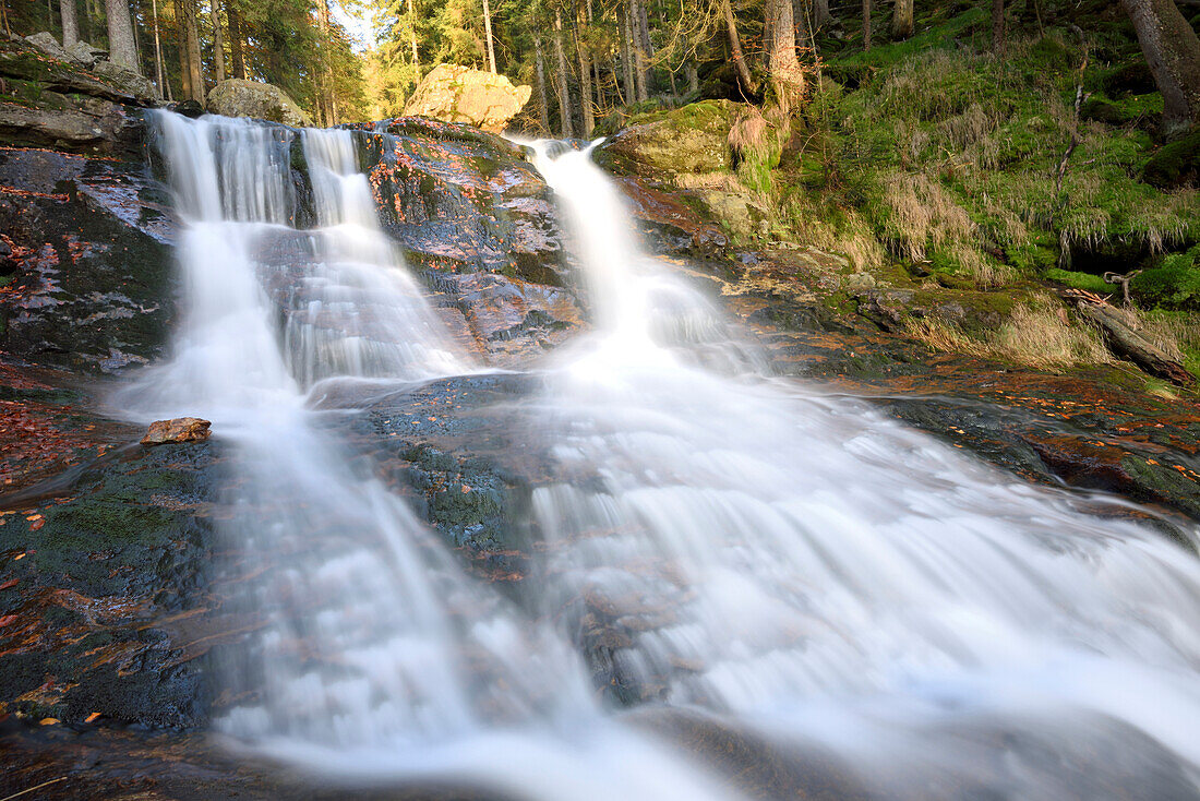 Scenic view of waterfall and stream in autumn, Bavarian Forest National Park, Bodenmais, Regen District, Bavaria, Germany