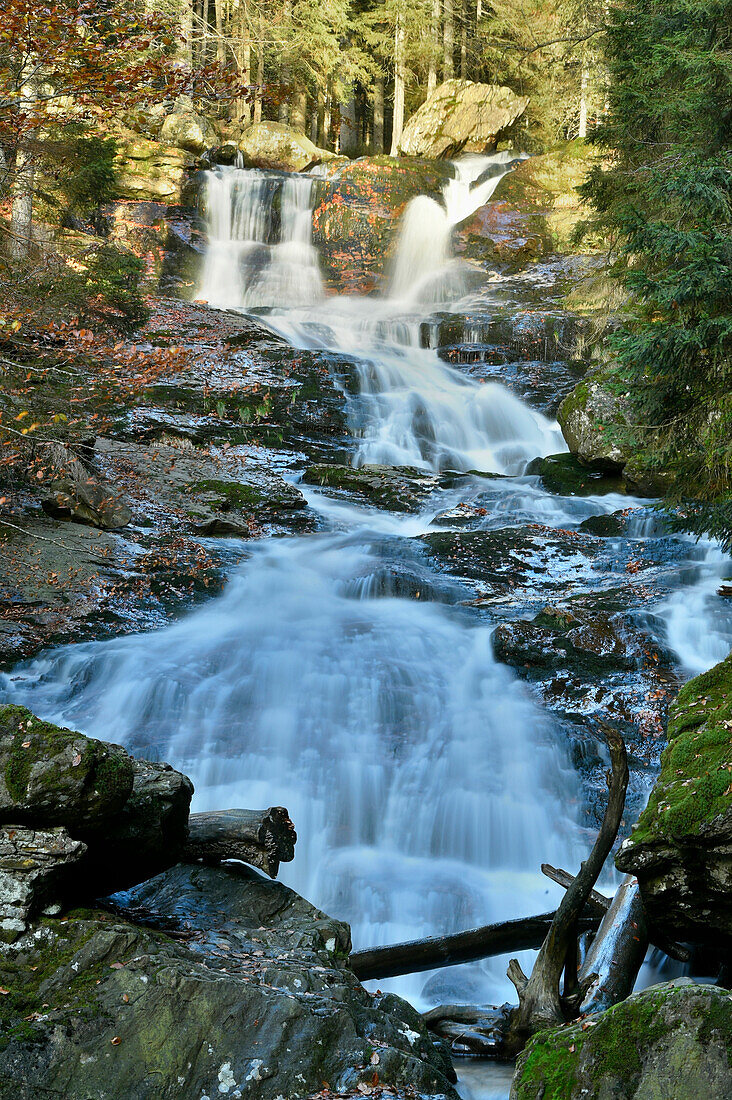 Scenic view of waterfall and stream in autumn, Bavarian Forest National Park, Bodenmais, Regen District, Bavaria, Germany