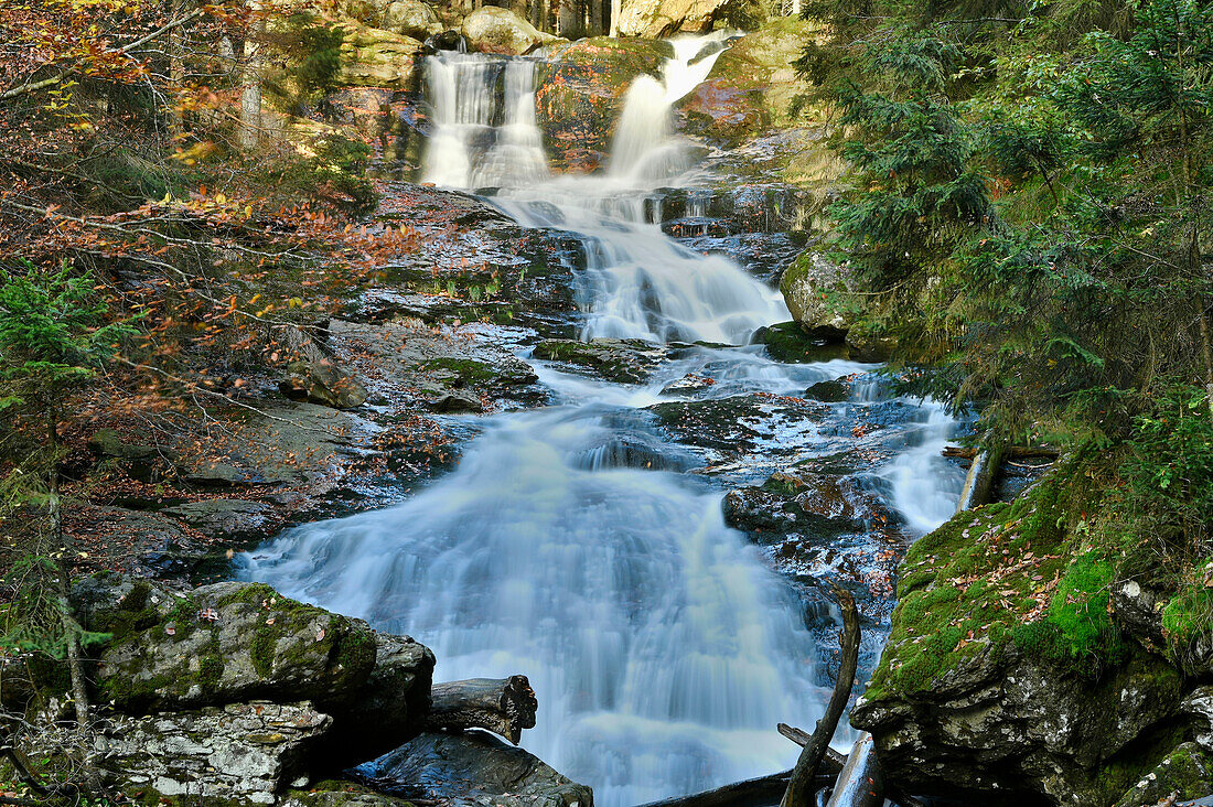 Scenic view of waterfall and stream in autumn, Bavarian Forest National Park, Bodenmais, Regen District, Bavaria, Germany