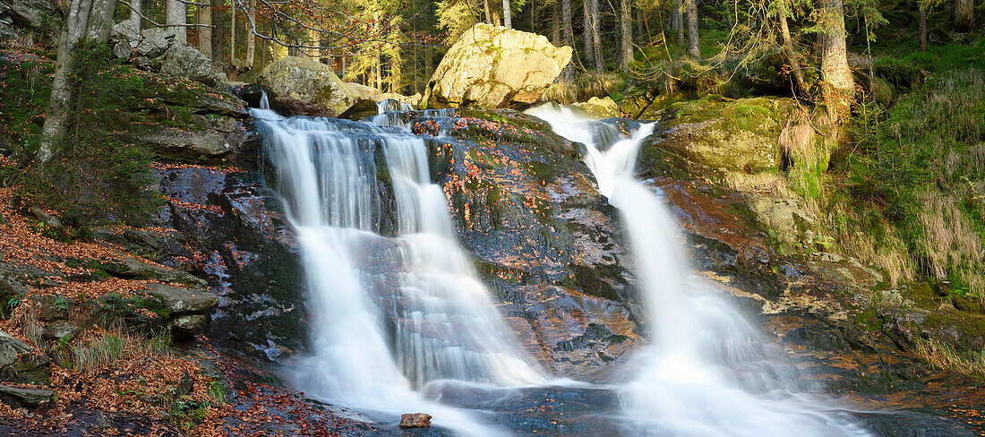 Scenic view of waterfall in autumn, Bavarian Forest National Park, Bodenmais, Regen District, Bavaria, Germany