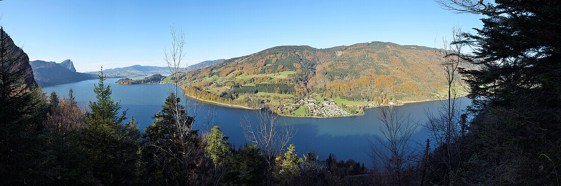 Landscape of Quiet Lake on Sunny Day in Autumn, Lake Mondsee, Austria
