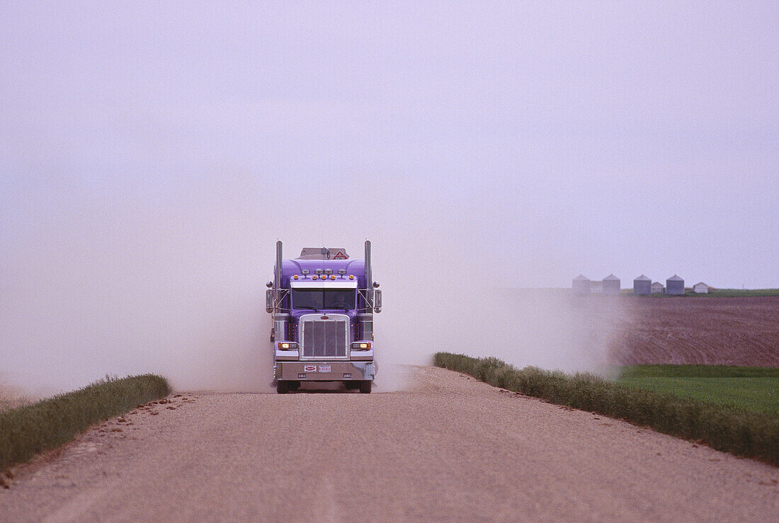 Transport Truck on Dirt Road, Saskatchewan, Canada