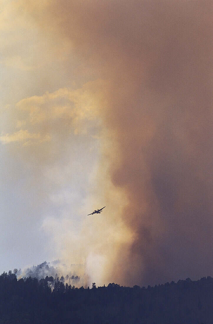Smoke from Forest Fire with Fire Fighting Plane