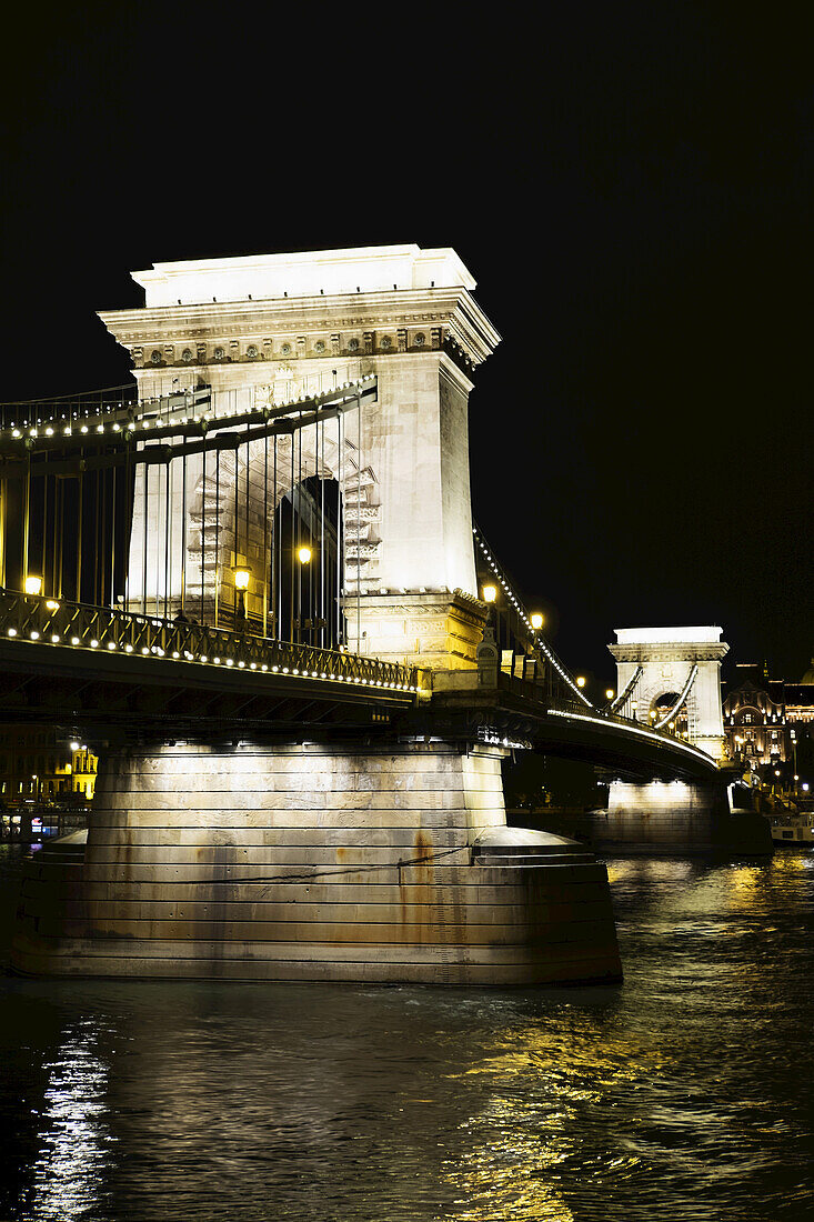 Arches of Szechenyi Chain Bridge Illuminated at Night, Budapest, Hungary