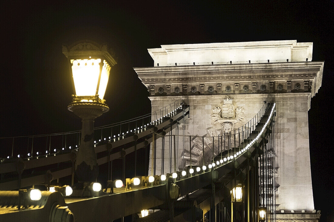 Szechenyi Chain Bridge at Night, Budapest, Hungary