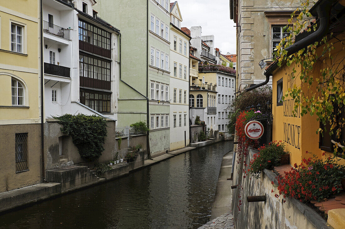 Residential buildings and restaurant along canal, Prague, Czech Republic