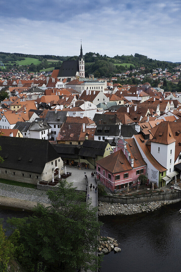 Scenic overview of Cesky Krumlov with St Vitus Church in background, Czech Replublic.
